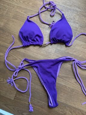 New sexy scrunch butt Purple Ribbed Tie-Side Bikini Set - Women Swim Bikini